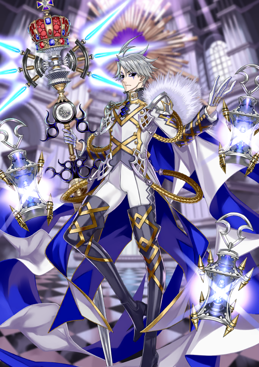 1boy ahoge aiguillette armor black_eyes blue_boots blue_cape boots cape closed_mouth compass_(instrument) crown diffraction_spikes expressionless fate/grand_order fate_(series) floating floating_clothes floating_object full_body fur-trimmed_cape fur_trim game_cg gloves glowing grey_hair hair_between_eyes half_gloves hands_up high_collar high_heel_boots high_heels holding holding_staff honjou_raita jacket james_moriarty_(ruler)_(fate) lantern layered_sleeves leg_up lightning_ahoge long_sleeves looking_at_viewer makeup male_focus official_art oversized_object pants purple_background red_crown short_hair solo sparkle staff standing standing_on_one_leg swept_bangs thigh_boots third-party_source two-sided_cape two-sided_fabric unworn_crown variant_set vest waistcoat white_cape white_gloves white_jacket white_pants