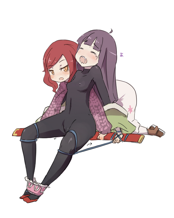 2girls 7th_dragon 7th_dragon_(series) ahoge bdsm blush bodysuit bondage bound healer_(7th_dragon) jitsu_hidari katana latex long_hair multiple_girls purple_hair ran_(7th_dragon) red_hair rosary_(7th_dragon) saliva samurai_(7th_dragon) sword weapon