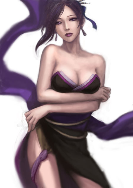 bare_shoulders breasts cleavage crossed_arms earrings eyeshadow hair_ribbon japanese_clothes jewelry kimono large_breasts lips lipstick makeup medium_hair nouhime obi parted_bangs purple_eyes purple_hair ribbon sash sengoku_musou thighs yukata
