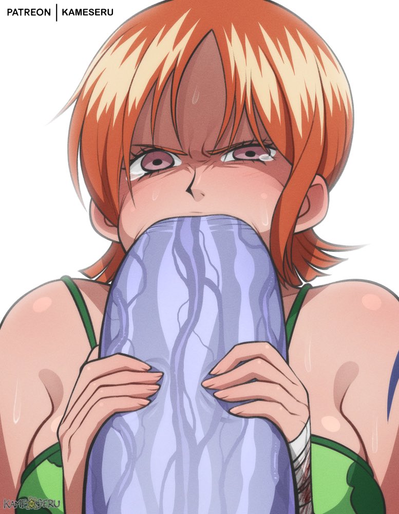 1boy 1girl angry arlong arm_tattoo bandaged_hand bandages brown_eyes clothed_sex clothes fellatio hetero huge_penis kameseru nami_(one_piece) nami_(one_piece)_(arlong_park) one_piece oral orange_hair penis penis_grab pov short_hair shoulder_tattoo simple_background tattoo tearing_up veins veiny_penis white_background