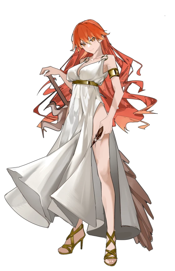 1girl alternate_costume armlet augusta_(wuthering_waves) bare_shoulders breasts chinese_commentary closed_mouth collarbone commentary_request dress dududadududaqwq full_body greatsword hair_between_eyes hand_on_hilt high_heels holding jewelry large_breasts looking_at_viewer orange_eyes orange_hair simple_background solo standing sword thighs weapon white_background white_dress wuthering_waves