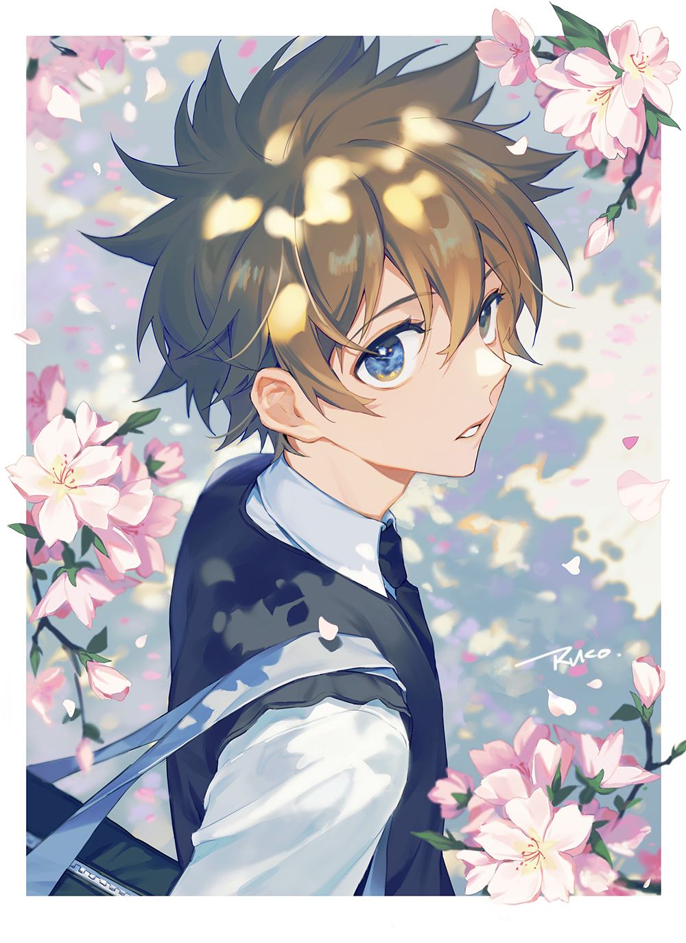1boy artist_name bag blue_eyes brown_hair cherry_blossoms collared_shirt dappled_sunlight flower hair_between_eyes highres katekyo_hitman_reborn! looking_at_viewer male_focus necktie parted_lips petals pink_flower ru_(famia) sawada_tsunayoshi shirt short_hair signature solo sunlight upper_body vest white_shirt