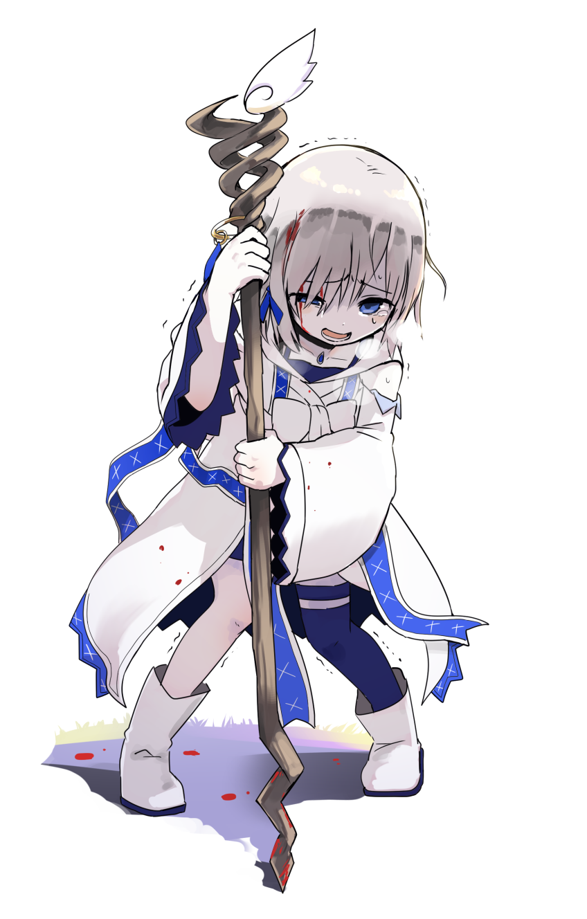 1girl blood blood_from_forehead blood_on_clothes blue_eyes boots exhausted full_body grey_hair hair_over_one_eye half-closed_eye highres holding holding_staff hooded_kimono injury isuzu_ren japanese_clothes kimono leaning_on_weapon legs_apart long_sleeves looking_at_viewer magia_record:_mahou_shoujo_madoka_magica_gaiden magical_girl mahou_shoujo_madoka_magica open_mouth right-over-left_kimono samidare_(hoshi) short_hair simple_background solo staff standing trembling turn_pale uneven_eyes white_background white_boots white_kimono