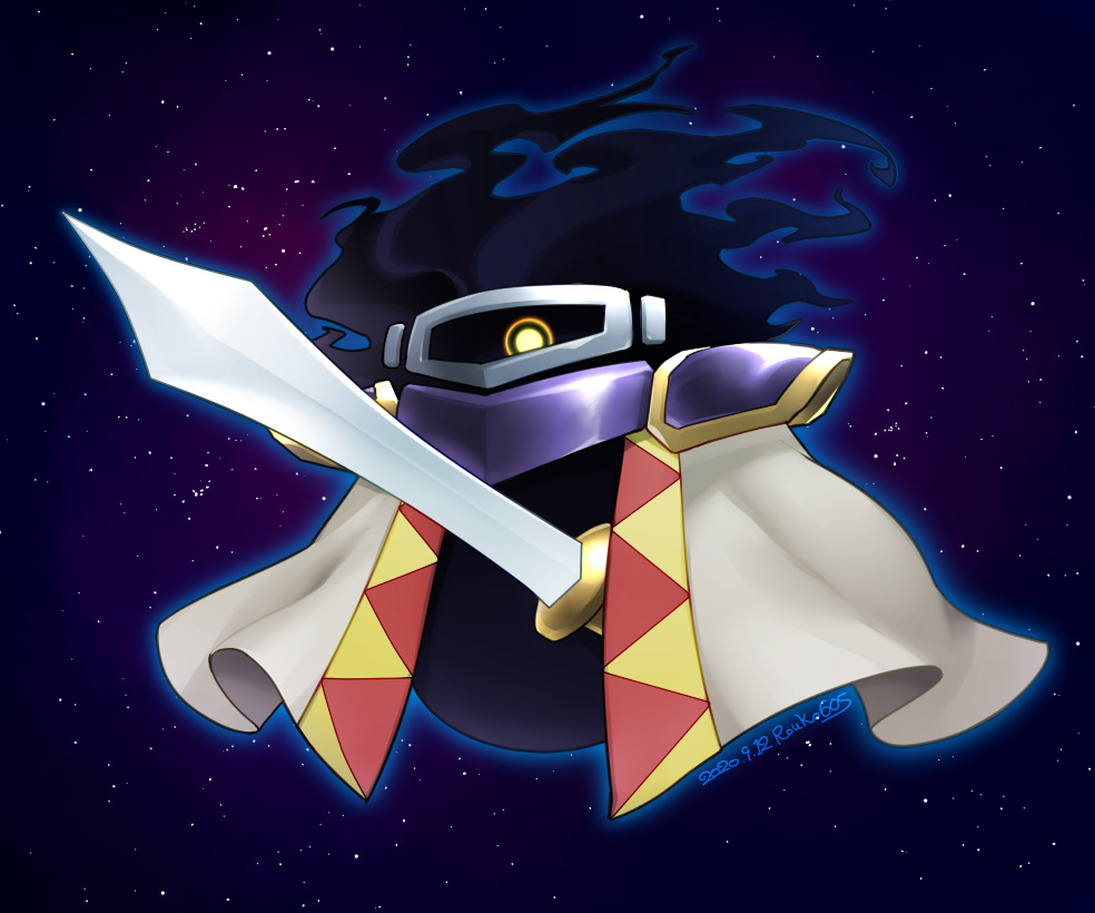 1other armor dark_matter_(kirby) dark_matter_blade kirby&#039;s_dream_land_2 kirby_(series) looking_at_viewer nintendo no_humans one-eyed pauldrons rouko605 shoulder_armor signature solo star_(sky) sword weapon yellow_eyes