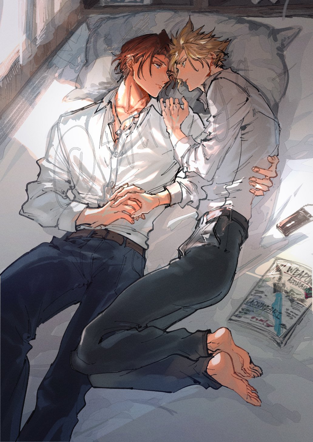 2boys arm_around_back barefoot belt black_pants blonde_hair brown_belt brown_hair chain chain_necklace cloud_strife collared_shirt couple feet_out_of_frame final_fantasy final_fantasy_vii final_fantasy_viii full_body gunblade highres holding_hands jewelry looking_at_another magazine_(object) male_focus multiple_boys necklace on_bed pants parted_bangs pillow scar scar_on_face scar_on_forehead shio_ga shirt short_hair spiked_hair squall_leonhart sunlight weapon white_shirt window yaoi