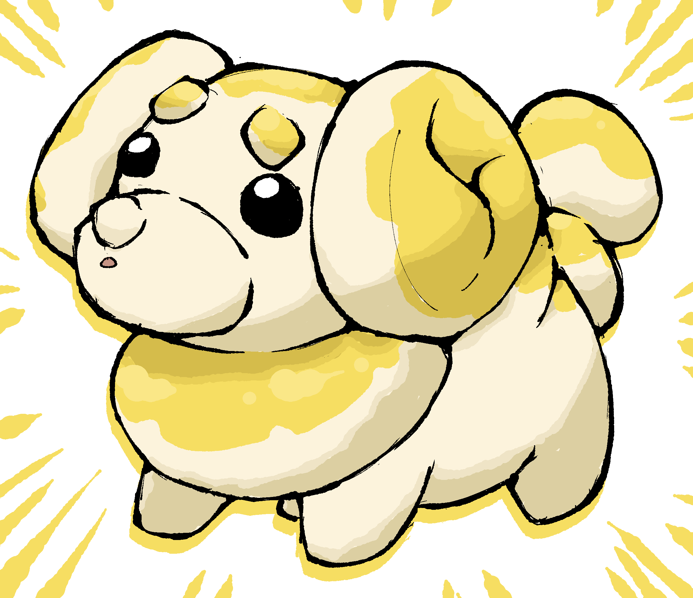 animal_nose black_eyes commentary drop_shadow emphasis_lines english_commentary fidough full_body highres nintendo no_humans parted_lips pokemon pokemon_(creature) pokemon_focus pr_quote solo tail