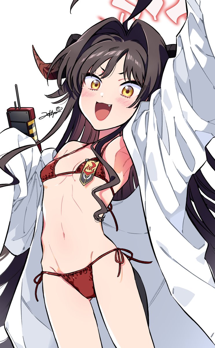 1girl :d adapted_costume ahoge armpits arms_up badge bare_shoulders bikini black_hair black_horns black_tail blue_archive blush breasts coat commentary_request demon_horns fang flat_chest hair_intakes halo holding horns kasumi_(blue_archive) lab_coat long_hair long_sleeves looking_at_viewer open_clothes open_mouth red_bikini red_halo sleeves_past_fingers sleeves_past_wrists small_breasts smile solo standing stomach string_bikini swimsuit very_long_hair walkie-talkie white_background white_coat yellow_eyes zekkyou_(h9s9)