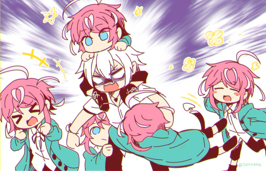 &gt;_&lt; +++ 6+boys :&gt; :d a-pose ahoge amemura_ramuda angry ankle_boots aohitsugi_samatoki arms_around_waist aura blank_eyes blue_coat blue_eyes blush_stickers boots capri_pants carrying clenched_hands clone closed_eyes coat collared_shirt commentary cowlick dark_aura deformed feet_out_of_frame flower_symbol glaring hair_between_eyes happy_aura heart_belt hood hooded_coat hug hugging_another&#039;s_leg hypnosis_mic jewelry legs_apart long_sleeves looking_at_another male_focus motion_lines multiple_boys necklace no_mouth open_mouth pants pink_hair raised_inner_eyebrows satsuki_suzuran shirt short_hair short_hair_with_long_locks short_sleeves shoulder_carry shouting smile spoilers star_(symbol) swept_bangs swinging_another turn_pale twitter_username unbuttoned v-shaped_eyebrows walking white_background white_hair white_shirt