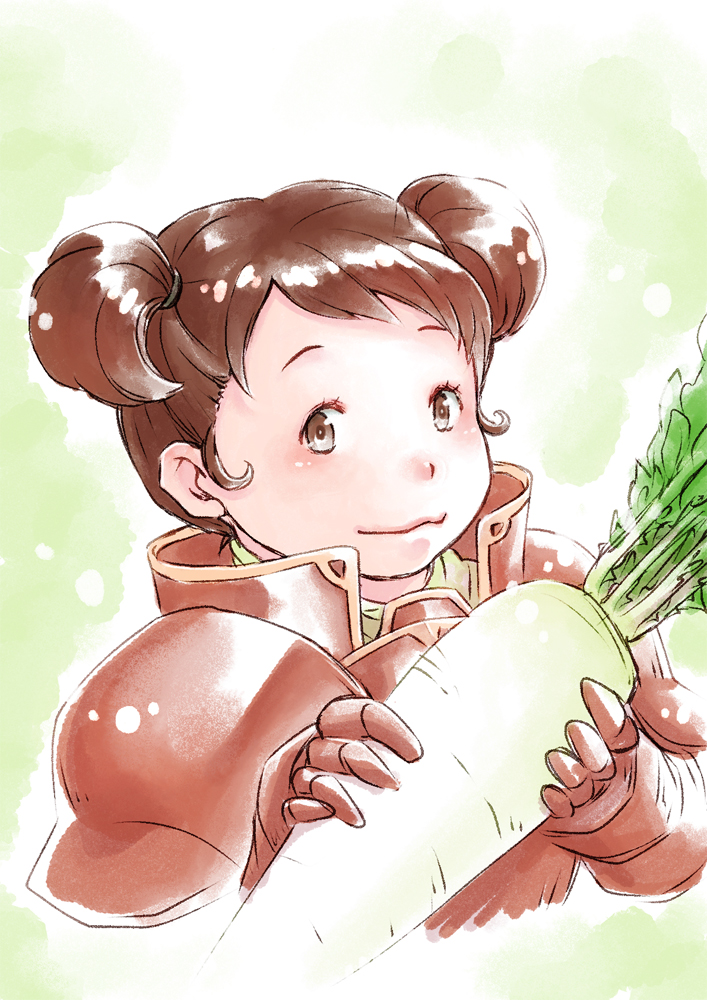 1girl armor brown_eyes brown_hair double_bun ebi_puri_(ebi-ebi) fire_emblem fire_emblem:_radiant_dawn food hair_bun holding holding_food holding_vegetable meg_(fire_emblem) nintendo radish solo swept_bangs upper_body vegetable