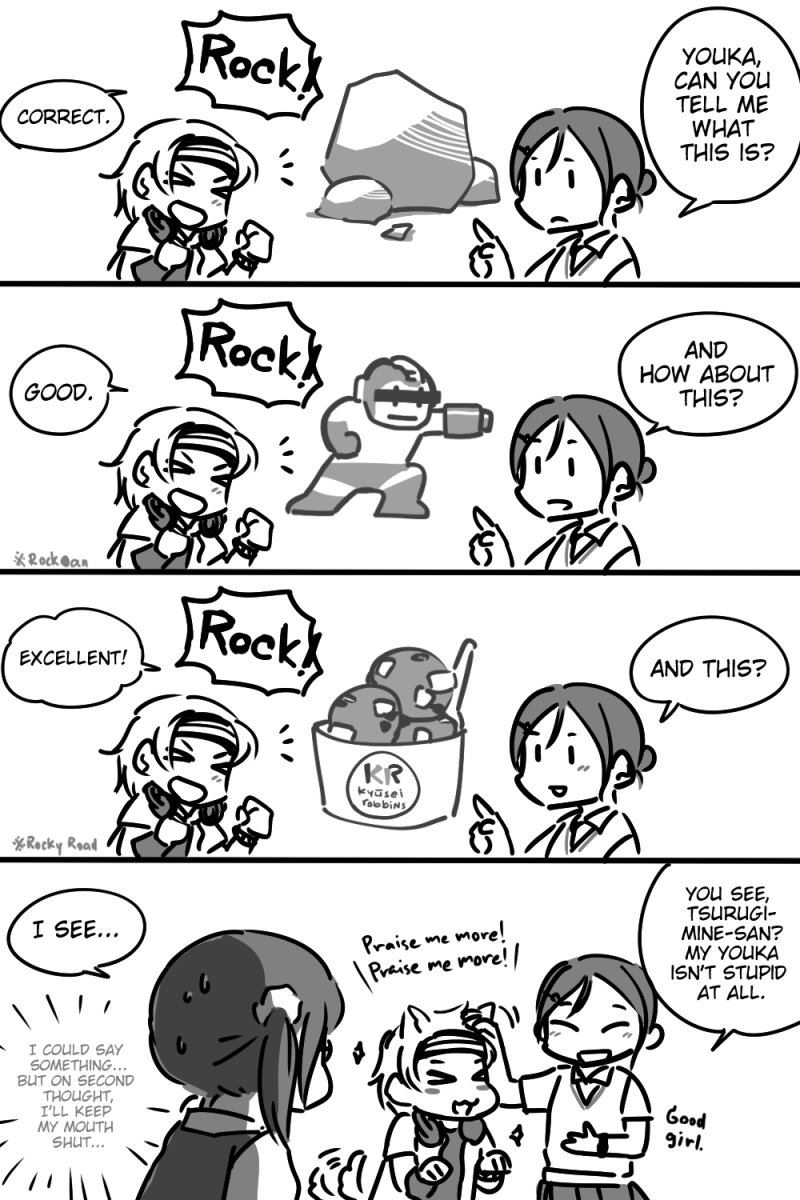 &gt;:d 3girls :d animal_ears ariu_aki comic dog_ears dog_tail english_text female_focus food greyscale hand_on_another&#039;s_head headphones headphones_around_neck highres ice_cream koba_youka mega_man_(classic) mega_man_(series) monochrome mukiki multiple_girls okujou_no_yurirei-san open_mouth rock mega_man_(character) side_ponytail skirt smile sweatband tail tomboy tsurugimine_kiri v-shaped_eyebrows watch white_background wristband wristwatch