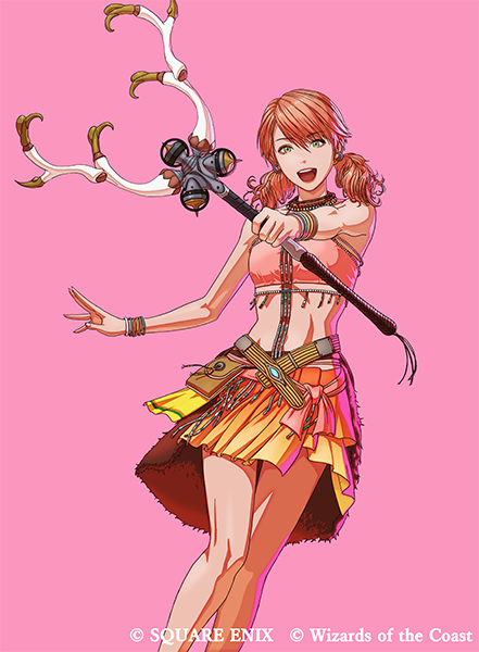1girl bracelet copyright_notice crop_top final_fantasy final_fantasy_xiii green_eyes holding holding_staff ikeda_(cpt) jewelry mage_staff magic:_the_gathering miniskirt oerba_dia_vanille official_art pink_background pink_hair simple_background skirt smile solo staff teeth twintails upper_teeth_only