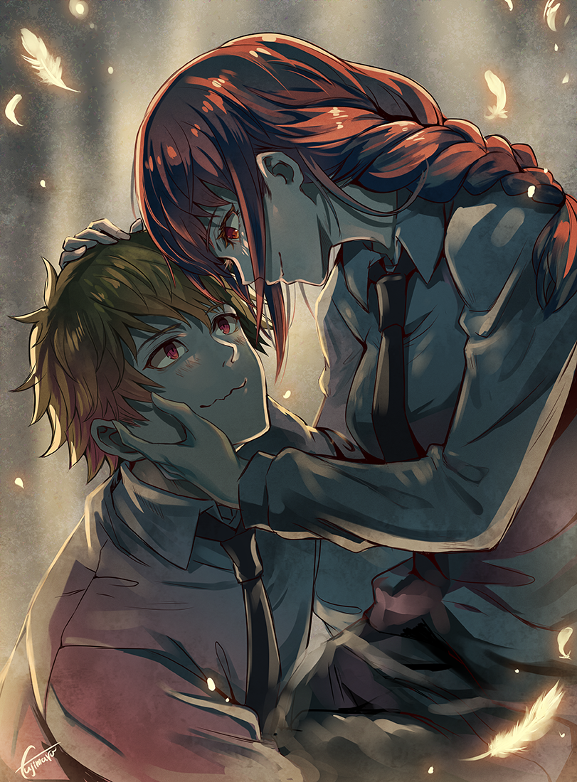 1boy 1girl arms_around_waist artist_name black_necktie black_pants blonde_hair blush braid breasts chainsaw_man collared_shirt denji_(chainsaw_man) falling_feathers feathers fujimaru_(green_sparrow) hair_between_eyes hand_on_another&#039;s_cheek hand_on_another&#039;s_face hand_on_another&#039;s_head headpat long_hair long_sleeves looking_at_another makima_(chainsaw_man) medium_breasts necktie pants red_eyes red_hair shirt short_hair sidelocks single_braid smile upper_body wavy_mouth white_shirt