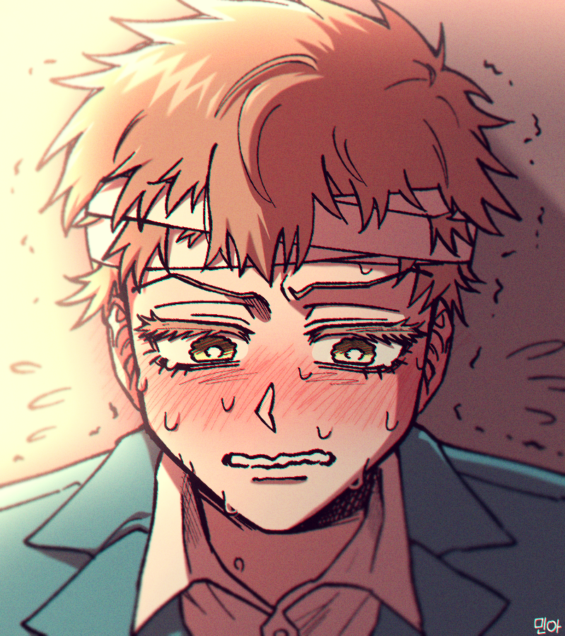 1boy bandaged_head bandages blonde_hair blurry blush chromatic_aberration commentary_request falco_grice film_grain flying_sweatdrops green_jacket jacket korean_commentary male_focus mina_(als_dk) portrait shingeki_no_kyojin signature solo sweat trembling wavy_mouth yellow_eyes