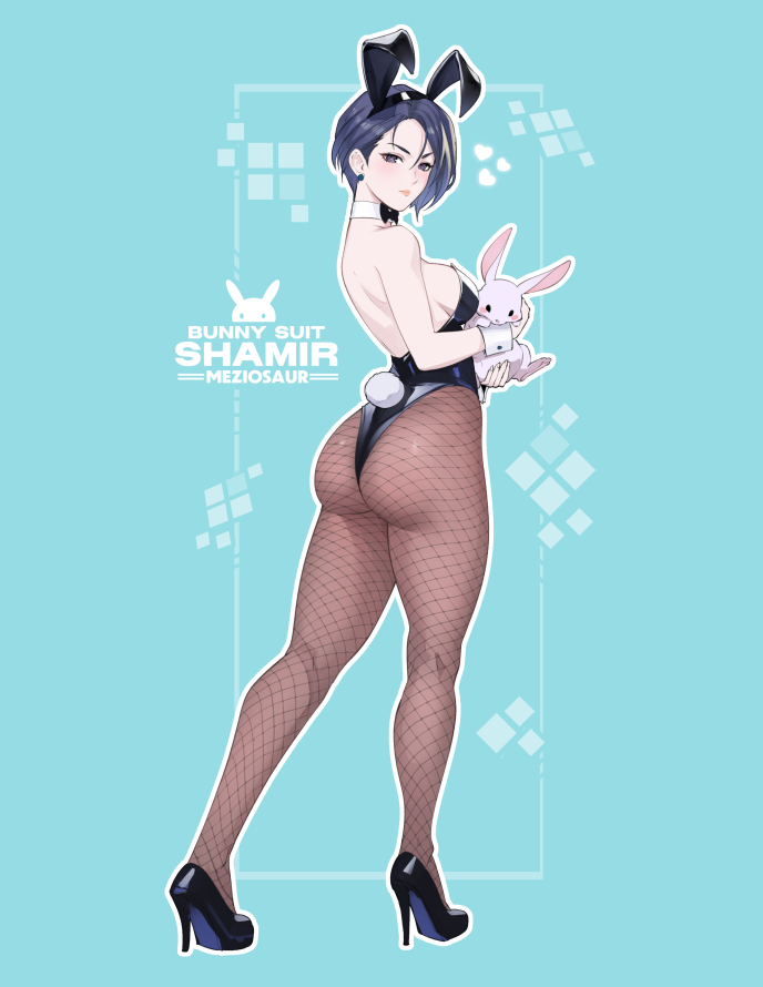 1girl animal animal_ears artist_name ass back backless_leotard black_leotard black_pantyhose blue_background blue_eyes blue_hair blush breasts character_name closed_mouth detached_collar fake_animal_ears fake_tail fire_emblem fire_emblem:_three_houses fishnet_pantyhose fishnets high_heels highleg highleg_leotard holding holding_animal holding_rabbit leotard lips looking_at_viewer medium_breasts meziosaur nintendo pale_skin pantyhose pink_lips playboy_bunny rabbit rabbit_ears rabbit_tail shamir_nevrand short_hair solo standing strapless strapless_leotard tail wrist_cuffs