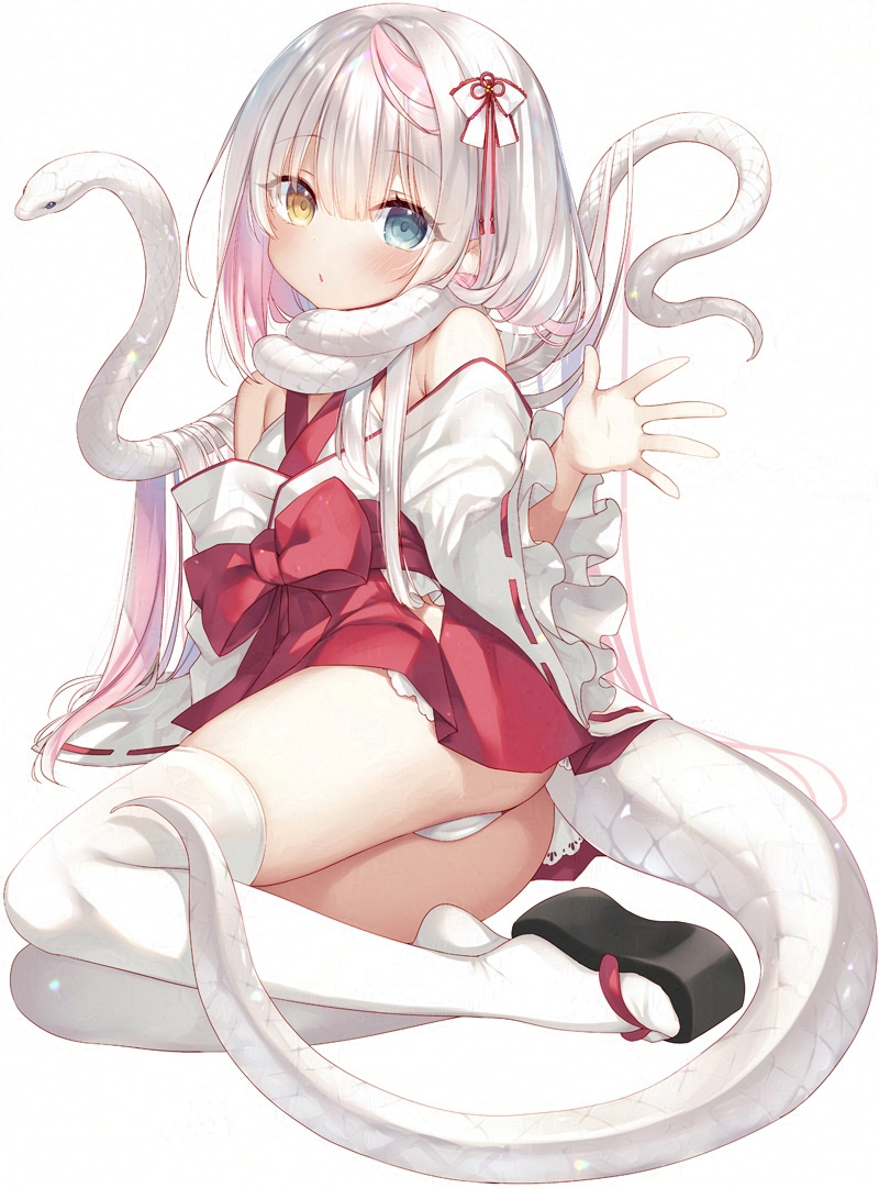 1girl blue_eyes heterochromia japanese_clothes long_hair looking_at_viewer original panties sazaki_ichiri simple_background snake solo thighhighs underwear white_background white_panties white_snake