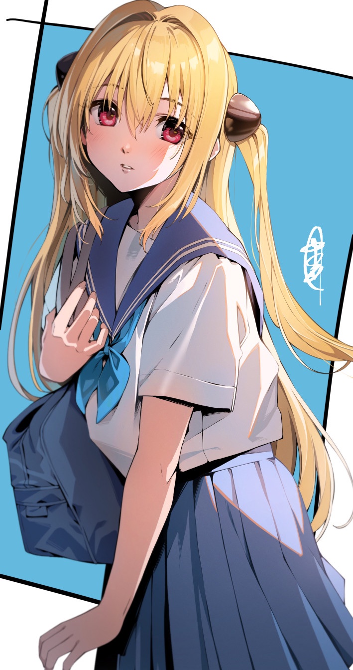 1girl alternate_costume bag blonde_hair blue_sailor_collar blue_skirt blush hair_between_eyes highres konjiki_no_yami long_hair looking_at_viewer nakano_maru parted_lips red_eyes sailor_collar school_bag school_uniform serafuku skirt solo to_love-ru to_love-ru_darkness two_side_up very_long_hair