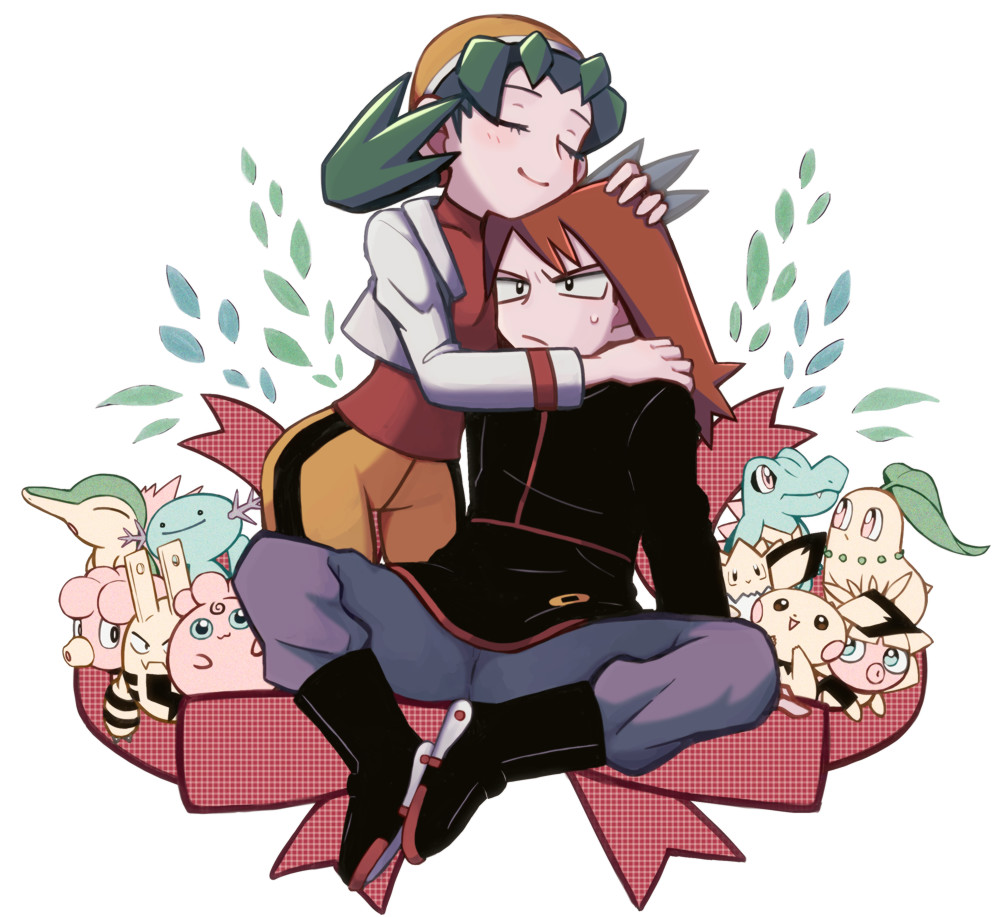 1boy 1girl bike_shorts black_eyes black_footwear black_jacket blush boots brown_hair chikorita closed_eyes closed_mouth commentary_request cropped_jacket cyndaquil elekid eyelashes flipped_hair gen_2_pokemon green_hair hat hetero hsngamess igglybuff jacket kris_(pokemon) long_hair magby nintendo open_clothes open_jacket pants pichu pokemon pokemon_(creature) pokemon_gsc red_shirt shirt silver_(pokemon) smile smoochum sweatdrop togepi totodile twintails white_jacket wooper yellow_headwear