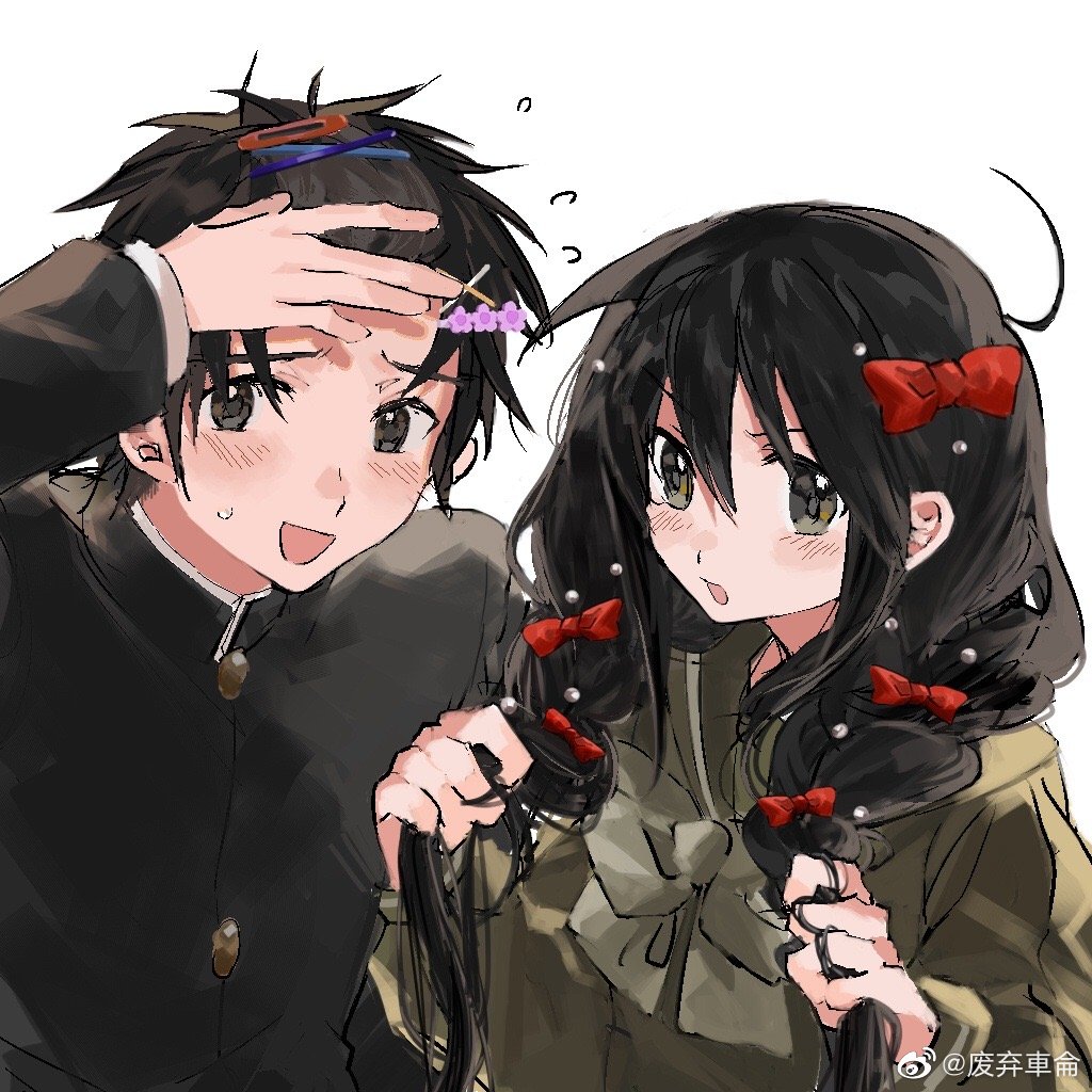 1boy 1girl black_eyes black_hair blush couple feiqi_chelun flying_sweatdrops gakuran green_serafuku hair_ornament hairpin long_hair low-tied_long_hair red_ribbon ribbon sakai_yuuji school_uniform serafuku shakugan_no_shana shana watermark weibo_username weibo_watermark
