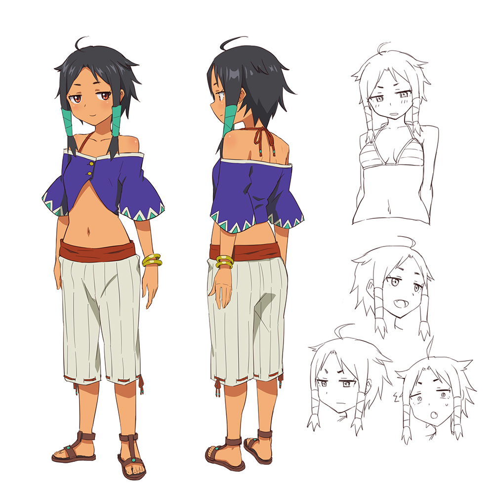 1girl ahoge black_hair blue_shirt character_request commentary_request dark-skinned_female dark_skin fang full_body hashi medium_hair multiple_views pants sandals shirt smile stomach suisei_no_gargantia tan white_background white_pants