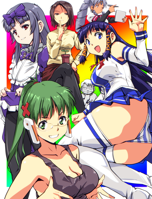1boy 3.1-tan 5girls :d ;o ass black_legwear blue_eyes blue_skirt blunt_bangs border bow breasts breasts_squeezed_together brown_eyes brown_hair character_name character_request cleavage clothes_lift clothes_writing collarbone crossed_legs dark_skin detached_sleeves dress dress_lift drill_hair eyebrows facial_hair finger_to_mouth flat_chest forehead_jewel frills glasses green_eyes green_hair grin hair_bow hair_ornament hair_ribbon hair_tie hand_on_own_chin hand_on_own_hip holding homeko kamisimo_90 large_breasts lifting_own_clothes long_hair long_sleeves looking_at_viewer miniskirt monochrome multiple_girls one_eye_closed open_mouth os-tan palms panties pantyhose pantyshot parted_bangs pleated_skirt ponytail purple_bow purple_dress purple_hair rainbow_order red_eyes red_skirt ribbon rimless_eyewear shade short_hair shushing silver_hair sitting skirt sleeveless smile spread_fingers striped_clothes striped_panties stroking_own_chin sweater tank_top thighhighs tress_ribbon turtleneck underwear upskirt vista-tan vistake wrist_cuffs x_hair_ornament xp-tan xp_home-tan