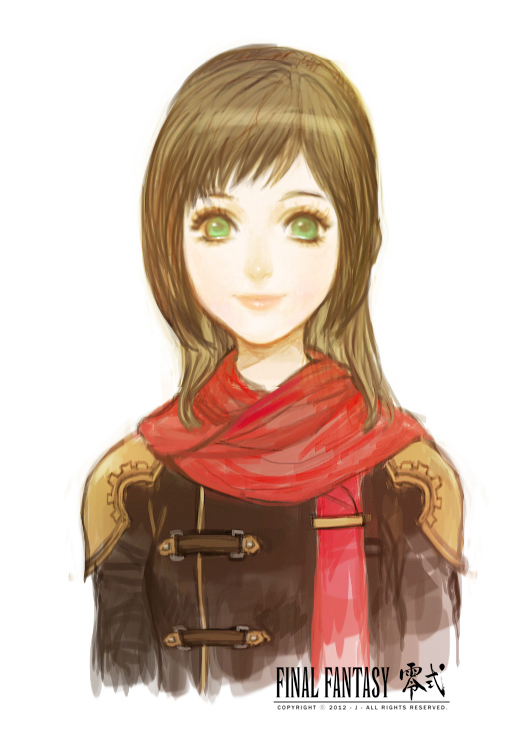 1girl brown_hair copyright_name deuce_(fft-0) female_focus final_fantasy final_fantasy_type-0 green_eyes j_(onose1213) logo long_hair red_scarf scarf simple_background smile solo upper_body white_background