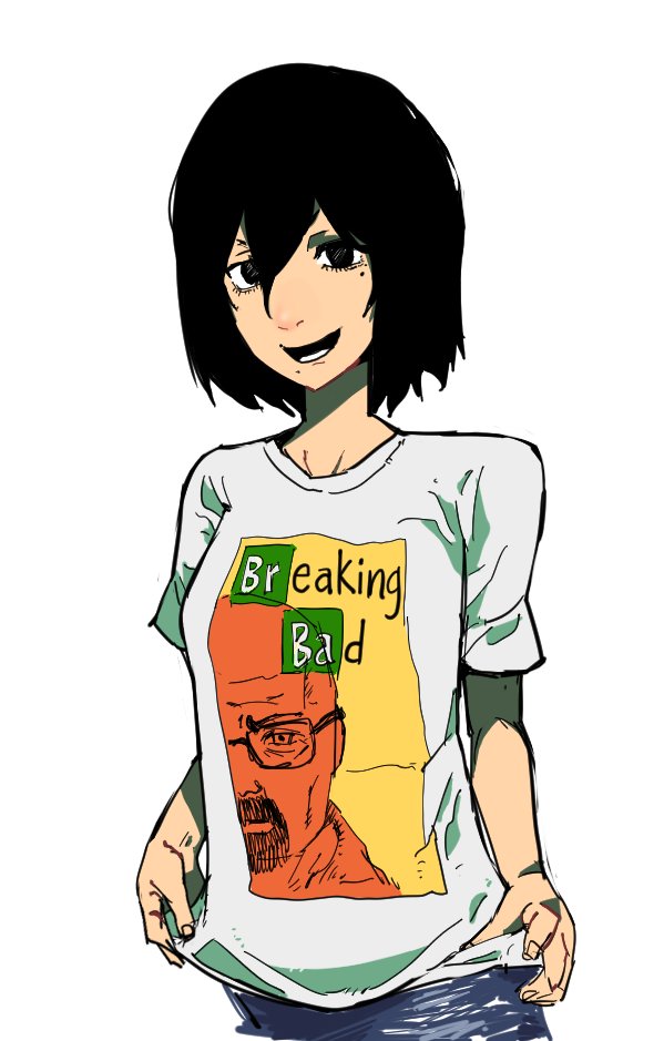 1girl black_hair breaking_bad breasts fire_punch hair_between_eyes holding holding_shirt holding_unworn_clothes looking_at_viewer meme mole mole_under_eye mole_under_mouth open_mouth sen_(sus_pain) shirt short_hair simple_background small_breasts smile solo togata_(fire_punch) unworn_shirt walter_white white_background white_shirt