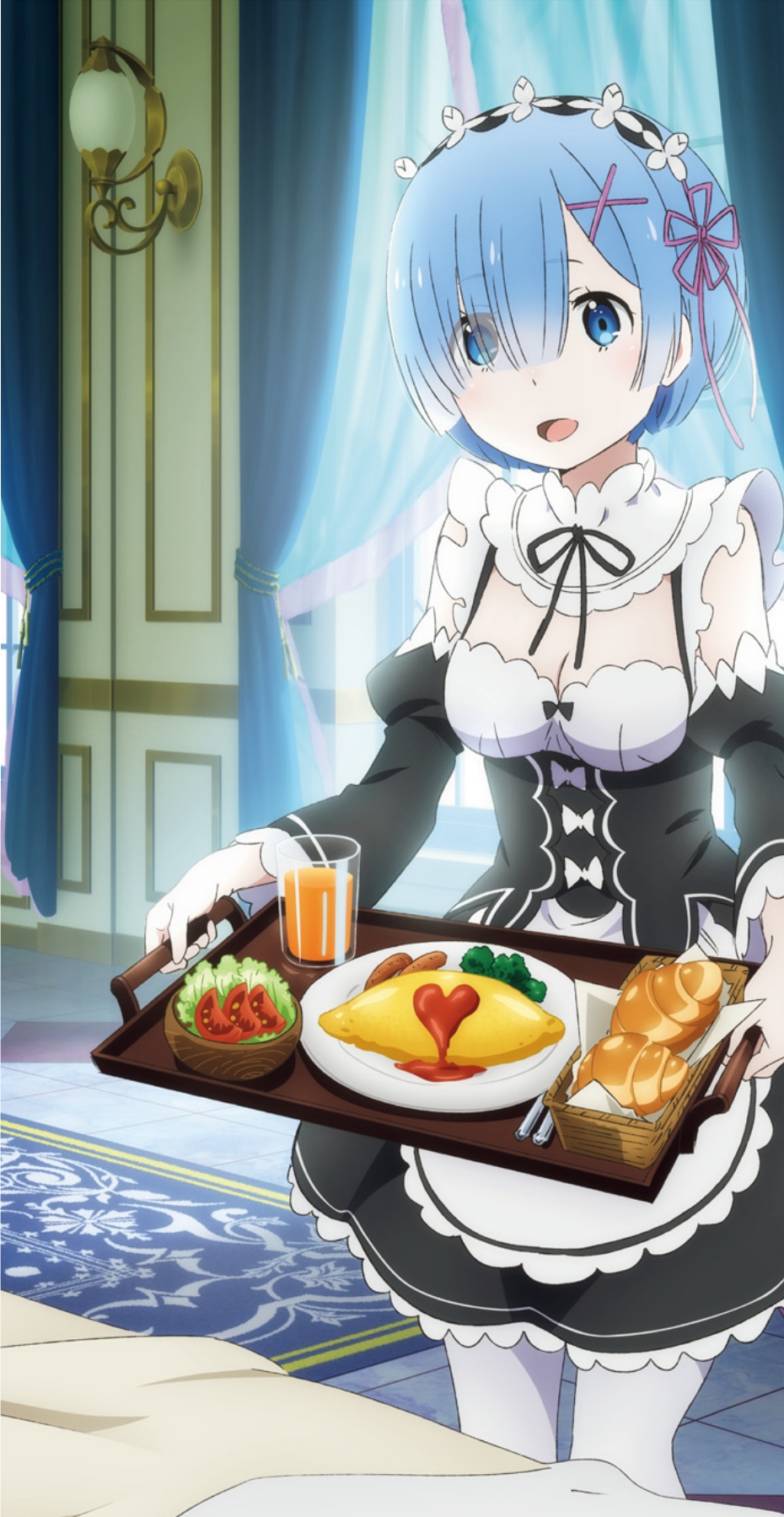 10s 1girl :d blue_eyes blue_hair bread breakfast breasts croissant curtains detached_sleeves egg eyes_visible_through_hair female_focus food frilled_sleeves frills hair_ornament hair_over_one_eye highres juice ketchup maid maid_headdress matching_hair/eyes official_art omelet omurice open_mouth orange_juice pink_ribbon re:zero_kara_hajimeru_isekai_seikatsu rem_(re:zero) ribbon ribbon-trimmed_clothes ribbon_trim salad sausage short_hair skirt smile solo standing table tomato white_fox_(company) white_legwear x_hair_ornament