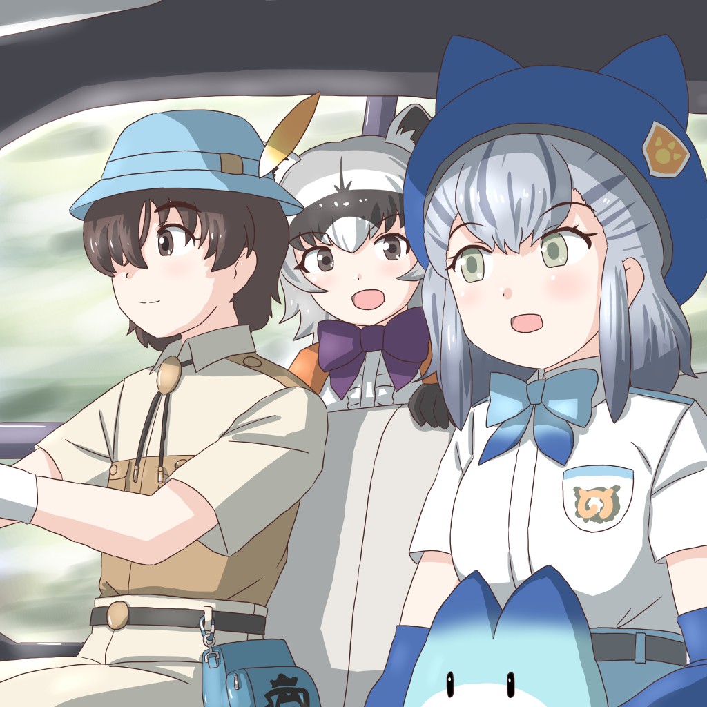 brown_hair captain_(kemono_friends) crab-eating_raccoon_(kemono_friends) elbow_gloves gloves grey_hair hat hikari_(kemono_friends) kemono_friends kemono_friends_3 lucky_beast_(kemono_friends) mukouyama_mu shirt short_hair skirt