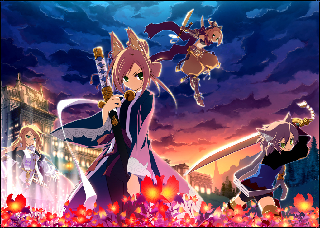 4girls 7th_dragon 7th_dragon_(series) animal_ears bad_id bad_pixiv_id bell blonde_hair cape cat_ears fighter_(7th_dragon) floro_(7th_dragon) flower forehead fox_ears glasses green_eyes harukara_(7th_dragon) hatch_(7th_dragon) high_ponytail mage_(7th_dragon) matsuyama_nozomu multiple_girls namuna_(7th_dragon) ponytail purple_hair rogue_(7th_dragon) samurai_(7th_dragon) sword vanessa_(7th_dragon) weapon