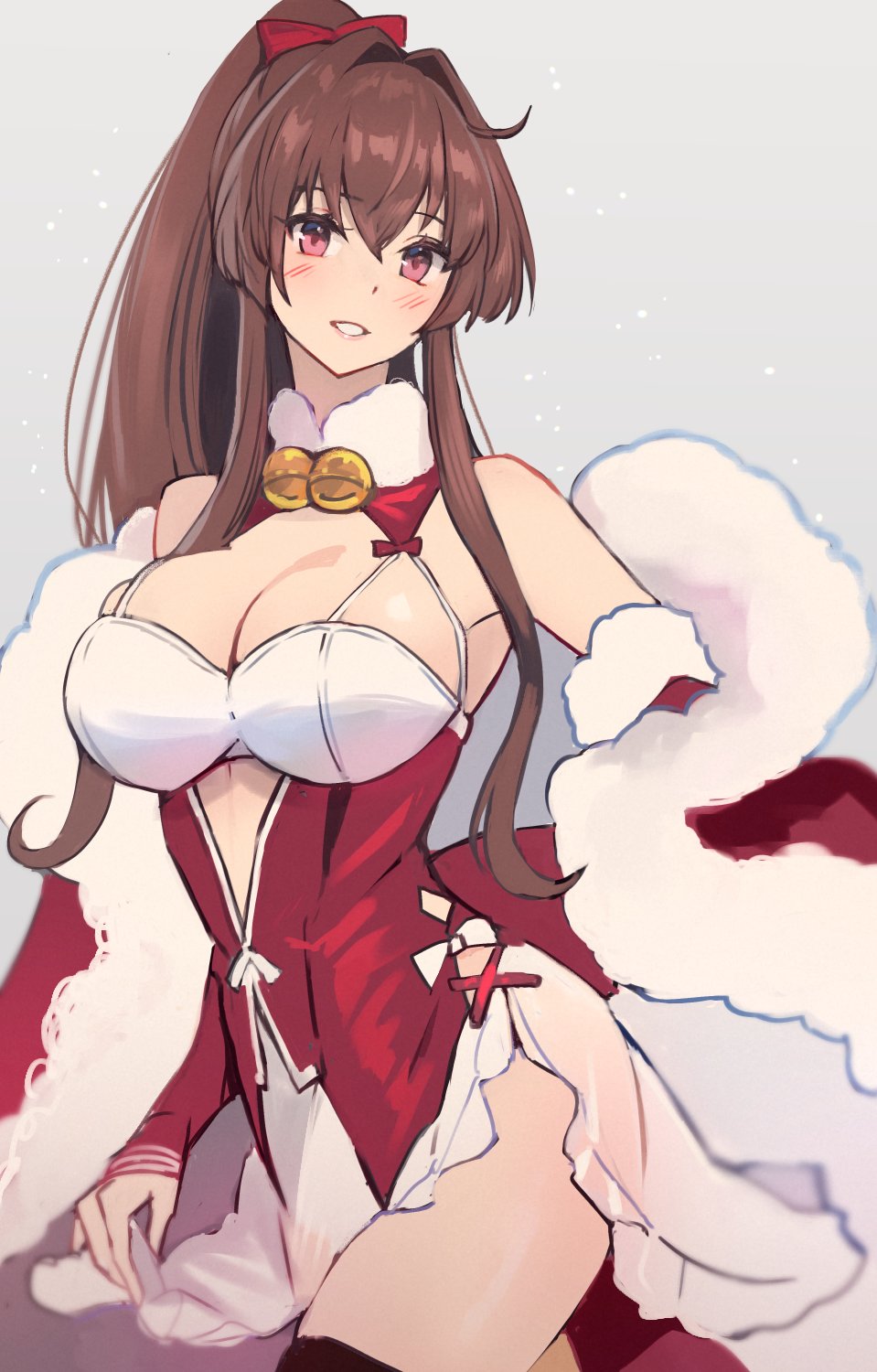 1girl bare_shoulders bell bird blush bow breasts brown_hair cleavage commentary_request cosplay detached_sleeves dress fur_trim grey_background hair_between_eyes hair_bow highres johnston_(christmas)_(kancolle) johnston_(kancolle) johnston_(kancolle)_(cosplay) kantai_collection kasumi_(skchkko) large_breasts long_hair neck_bell ponytail red_bow red_dress red_eyes sidelocks simple_background solo very_long_hair yamato_(kancolle)