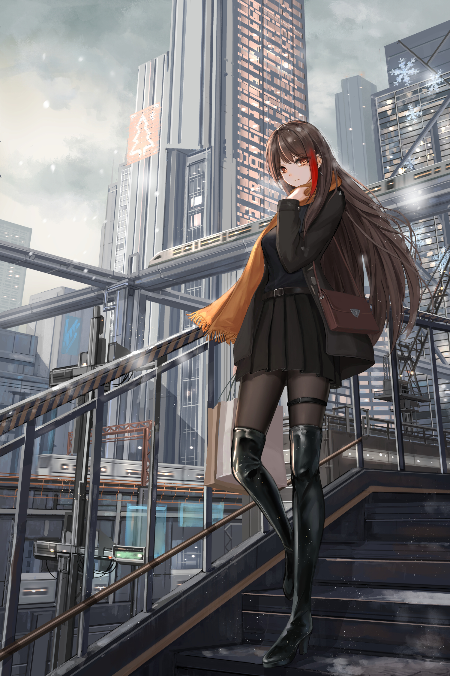 1girl bag belt black_boots black_jacket black_pantyhose black_shirt black_skirt boots brown_bag brown_hair building christmas_tree_print city cloud cloudy_sky crane_(machine) cyberpunk double-parted_bangs ear_ornament ear_piercing glowing_windows hand_on_own_neck high_heel_boots high_heels highres jacket legs long_hair long_sleeves looking_at_viewer monorail multicolored_hair open_clothes open_jacket original pantyhose piercing railing red_hair scarf scenery shirt shopping_bag shoulder_bag skirt sky skyscraper snowflakes solo stairs streaked_hair thigh_boots thigh_strap train winter yellow_eyes yellow_scarf yuzuriha_(atelier_liang)