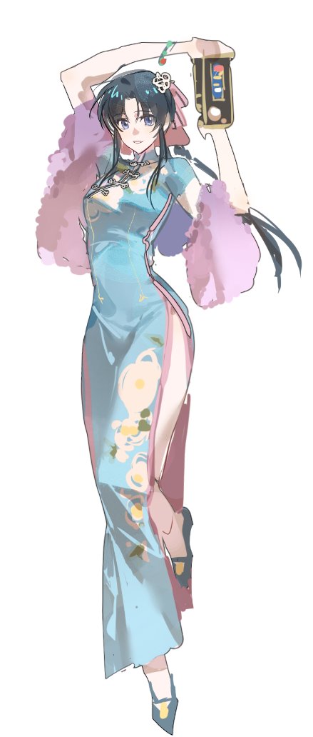 1girl arm_up black_hair blue_dress blue_eyes bracelet china_dress chinese_clothes curvy dress floral_print floral_print_dress foot_up full_body fur_trim hair_ornament hair_ribbon holding jewelry kamiya_kaoru long_hair looking_at_viewer menglin393 official_alternate_costume parted_lips pink_ribbon ponytail print_dress ribbon rurouni_kenshin side_slit sidelocks smile solo white_background wide_hips
