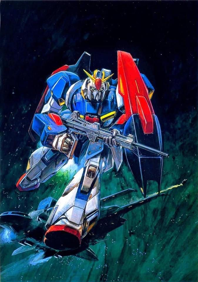 1980s_(style) beam_rifle energy_gun gundam mecha mecha_focus mobile_suit nebula no_humans official_art oldschool painting_(medium) production_art promotional_art realistic retro_artstyle robot scan science_fiction shield space spacecraft star_(symbol) star_symbol_background takani_yoshiyuki third-party_source thrusters traditional_media weapon zeta_gundam zeta_gundam_(mobile_suit)