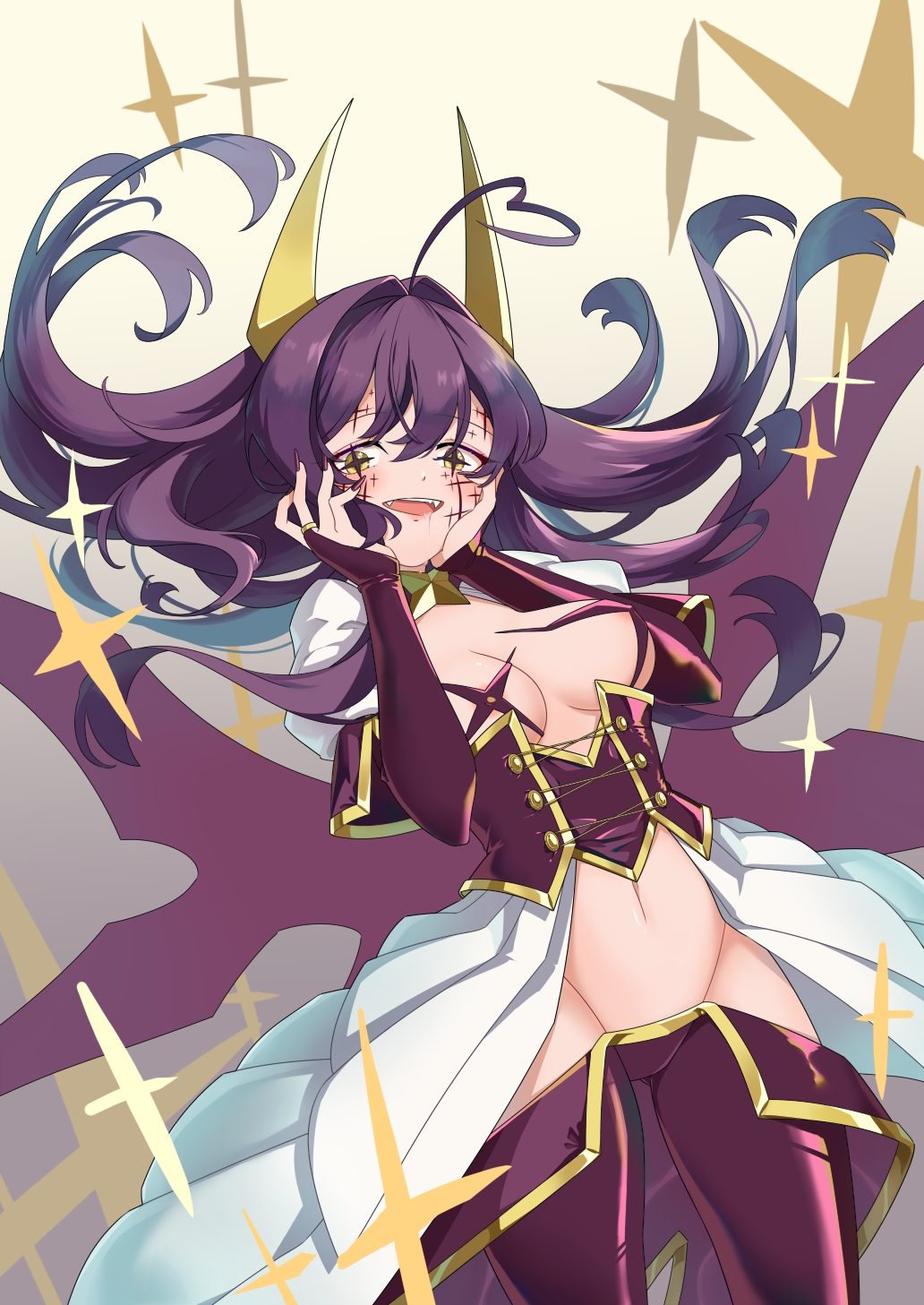 1girl breastless_clothes breasts corset covered_erect_nipples cross cross-shaped_pupils cross_facial_mark cross_pasties facial_mark fangs hands_on_own_face hehe_jun highres hiiragi_utena horns long_hair lowleg lowleg_pants magia_baiser mahou_shoujo_ni_akogarete medium_breasts navel pants pasties purple_corset purple_hair purple_pants purple_pasties purple_wings showgirl_skirt shrug_(clothing) solo symbol-shaped_pupils white_shrug wings yellow_eyes yellow_horns