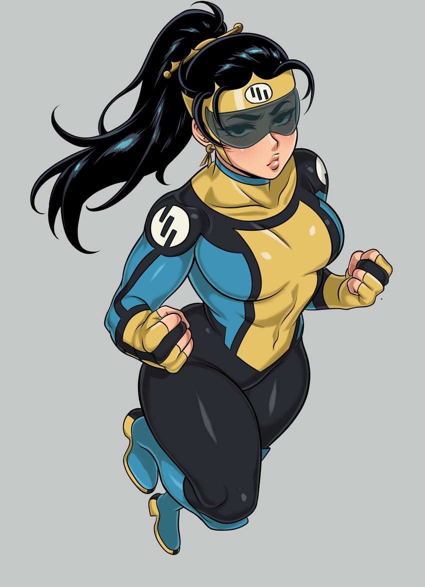 1girl black_eyes black_hair blannis bodysuit breasts clenched_hands collarbone genderswap genderswap_(mtf) goggles grey_background high_ponytail impossible_bodysuit impossible_clothes invincible_(series) large_breasts long_hair mark_grayson ponytail simple_background skin_tight superhero_costume thick_thighs thighs