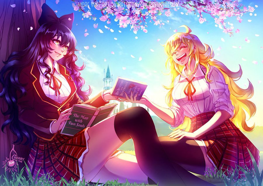 2girls ahoge artist_name black_hair blake_belladonna blonde_hair book cherry_blossoms cherry_in_the_sun commentary day english_commentary grass holding holding_book long_hair long_sleeves looking_at_another miniskirt multiple_girls on_ground outdoors rwby school_uniform skirt smile teeth thighhighs tongue tree watermark yang_xiao_long yellow_eyes