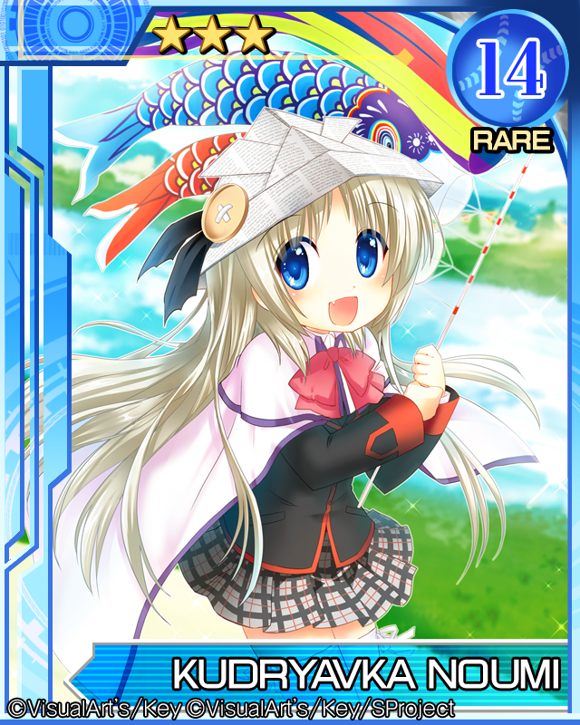 1girl blonde_hair blue_eyes bow cape card_(medium) carp character_name fang female_focus hat kodomo_no_hi koinobori little_busters! long_hair noumi_kudryavka paper_hat paper_kabuto pink_bow remotaro school_uniform solo windsock