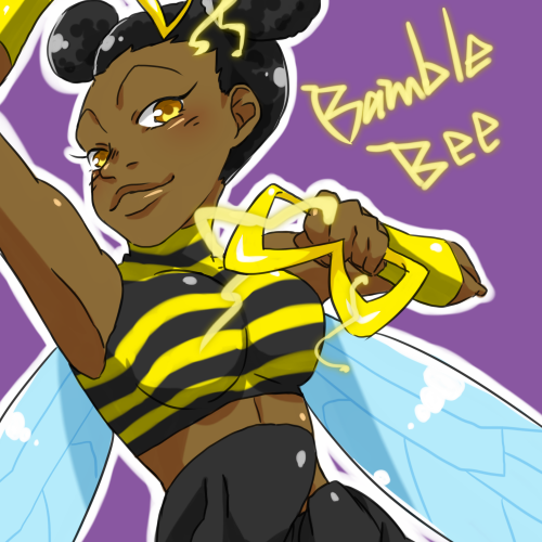 1girl bee_costume black_hair bumble_bee cartoon_network character_name dark-skinned_female dark_skin dc_comics double_bun electricity female_focus hair_bun insect_wings karen_beecher kuraco lowres midriff pants purple_background shirt simple_background sleeveless solo striped_clothes striped_shirt teen_titans two-tone_stripes vambraces weapon wings yellow_eyes