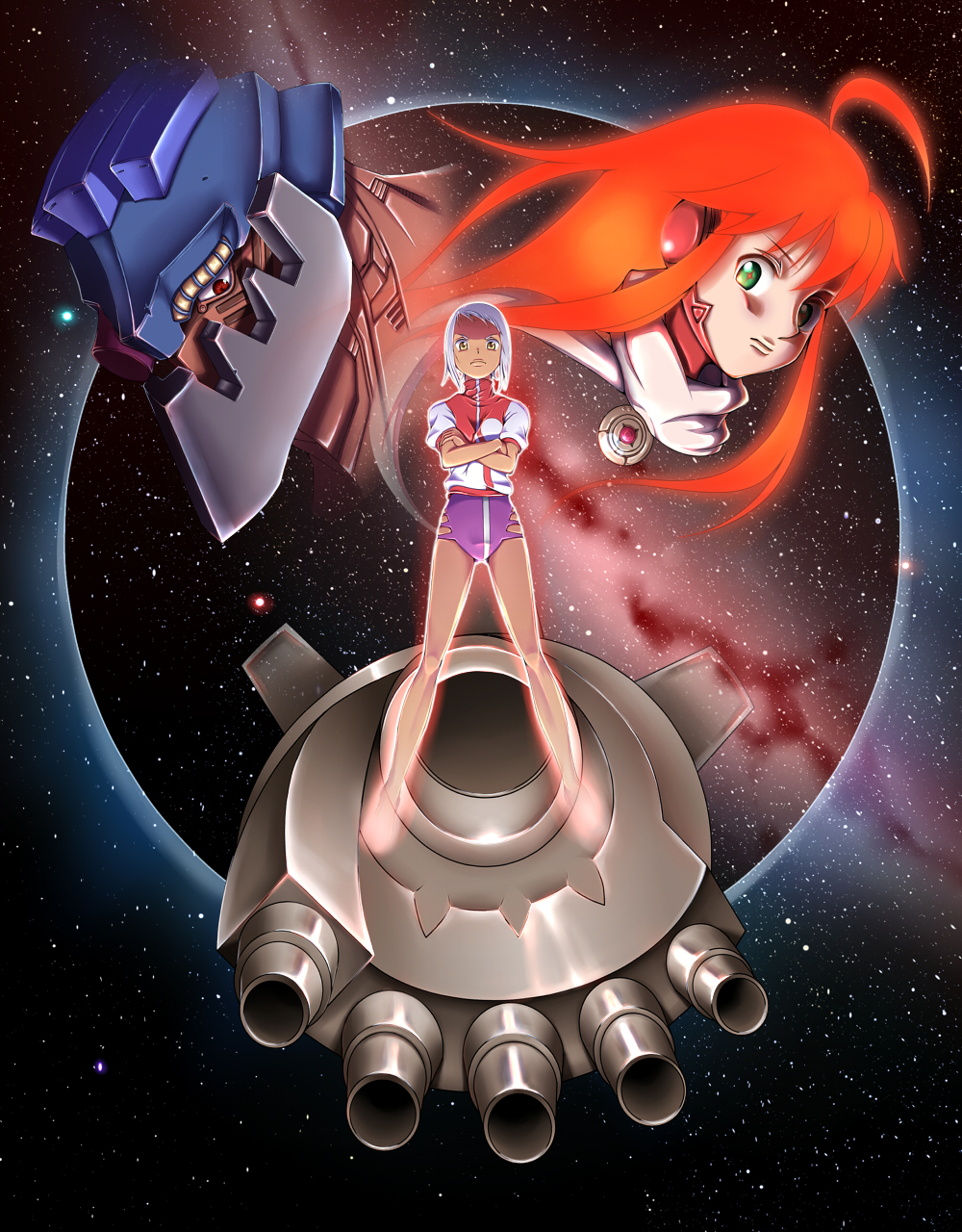 +_+ 00s 1980s_(style) 1996rip 2girls ahoge android buster_machine_7 cross-shaped_pupils crossed_arms dark-skinned_female dark_skin dix-neuf epic glowing glowing_hair green_eyes gunbuster_pose gym_uniform highres lal&#039;c_mellk_mal mecha multiple_girls nono_(top_wo_nerae_2!) oldschool orange_hair red_eyes retro_artstyle robot scarf science_fiction short_hair silver_hair space star_(sky) symbol-shaped_pupils takaya_noriko top_wo_nerae! top_wo_nerae!_(series) top_wo_nerae_2! un_(1996rip) yellow_eyes yup_(1996rip)