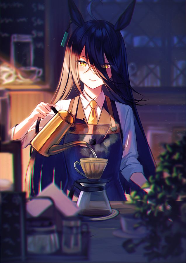 1girl ahoge animal_ears black_hair closed_mouth coffee cup disposable_cup ear_piercing eyes_visible_through_hair hair_between_eyes holding horse_ears horse_girl indoors long_hair manhattan_cafe_(umamusume) necktie piercing smile teacup umamusume unowen yellow_eyes yellow_necktie