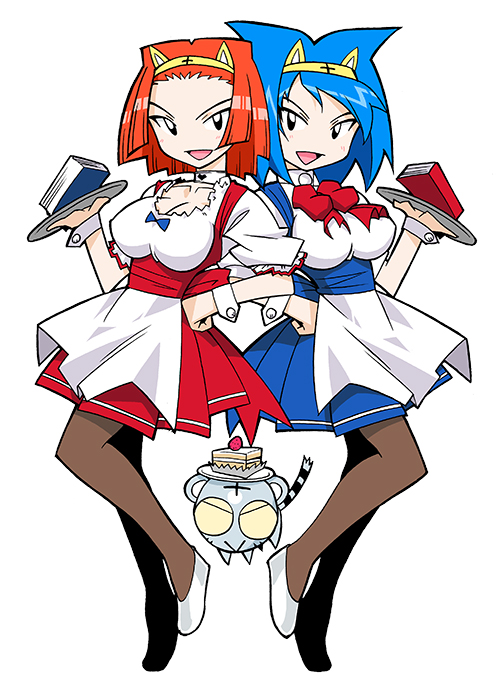2girls amu_ru animal_ear_hairband animal_ears anna_miller apron aqua_hair back_ribbon benga_ru black_outline black_tail blue_bow blue_ribbon blue_skirt blunt_ends blush book bow breasts brown_hair brown_pantyhose buttoned_cuffs buttons cake cake_slice closed_mouth collar collarbone collared_shirt colored_inner_animal_ears colored_sclera cub detached_collar fake_animal_ears flats food forehead frilled_sleeves frills fruit full_body grey_fur grey_tail hairband hand_on_own_hip heart heart_print high-waist_skirt horizontal-striped_skirt large_bow large_breasts legs_up looking_at_viewer medium_hair miniskirt mukku_(mook-tv) multiple_girls no_pupils official_art open_mouth orange_hair outline pantyhose parted_hair plate pleated_skirt print_collar puffy_short_sleeves puffy_sleeves red_bow red_ribbon red_skirt red_trim ribbon second-party_source shiro_kotora shirt shirt_bow short_sleeves siblings side-by-side simple_background single_horizontal_stripe sisters skirt spiked_hair straight_hair strawberry striped_fur striped_tail suspender_skirt suspenders tail tiger tora_da_yo. toranoana tsurime underbust waitress white_apron white_background white_collar white_footwear white_shirt white_wrist_cuffs wrist_cuffs yellow_hairband yellow_sclera