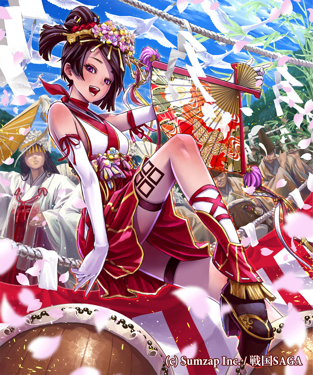 &gt;:d 1girl :d armor bare_shoulders bird black_hair blue_sky blush boots breasts choker day elbow_gloves fangs flower folding_fan from_side gloves hair_between_eyes hair_flower hair_ornament hakama hakama_skirt hand_fan headgear high_heel_boots high_heels highres holding holding_fan japanese_armor japanese_clothes kaburagi_yasutaka looking_at_viewer looking_to_the_side miko official_art open_mouth outdoors purple_eyes ribbon_choker sengoku_saga short_hair skirt sky small_breasts smile solo_focus swan v-shaped_eyebrows white_gloves