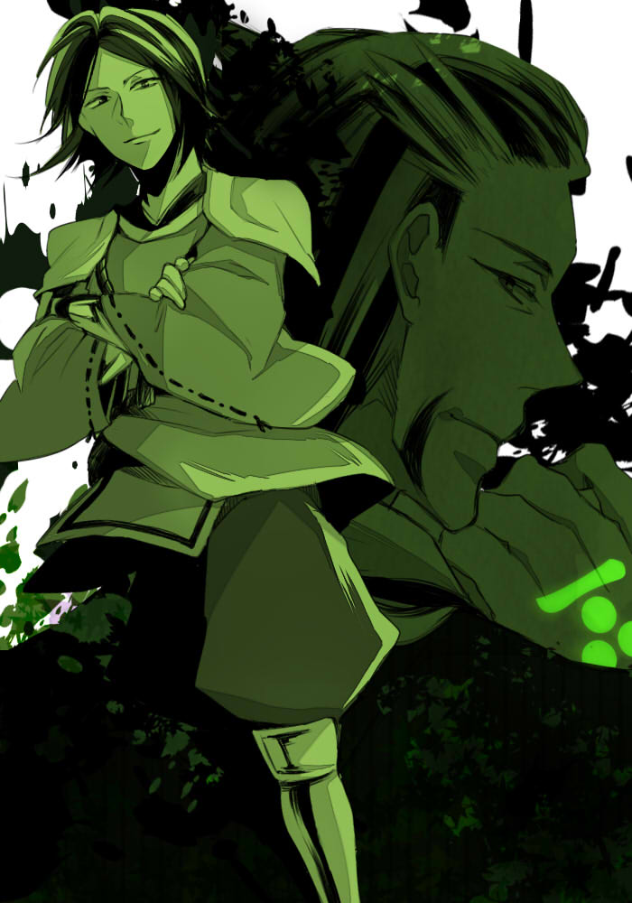 2boys bad_id bad_pixiv_id command_spell fate/zero fate_(series) matsunaga_hisahide monochrome mouri_motonari mouri_motonari_(sengoku_basara) multiple_boys parody sengoku_basara sengoku_basara_3 tasikanakoto