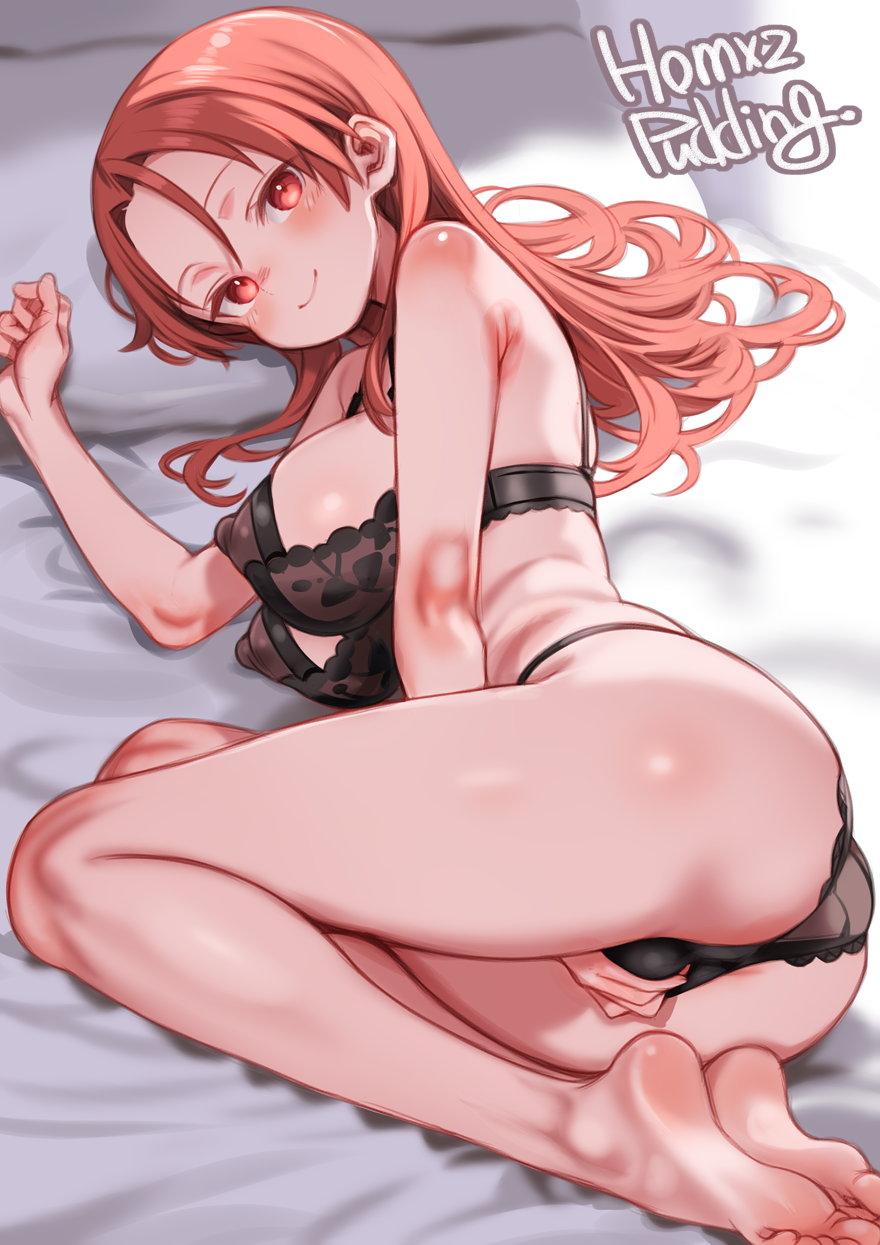 1girl artist_name ass barefoot bed_sheet between_legs black_bra black_panties bra breasts closed_mouth commentary fetal_position from_above hand_between_legs hand_on_own_crotch highres large_breasts lingerie long_hair looking_at_viewer lying minna-dietlinde_wilcke on_bed on_side panties pillow puddinghomhom red_eyes red_hair signature smile solo strike_witches underwear underwear_only world_witches_series