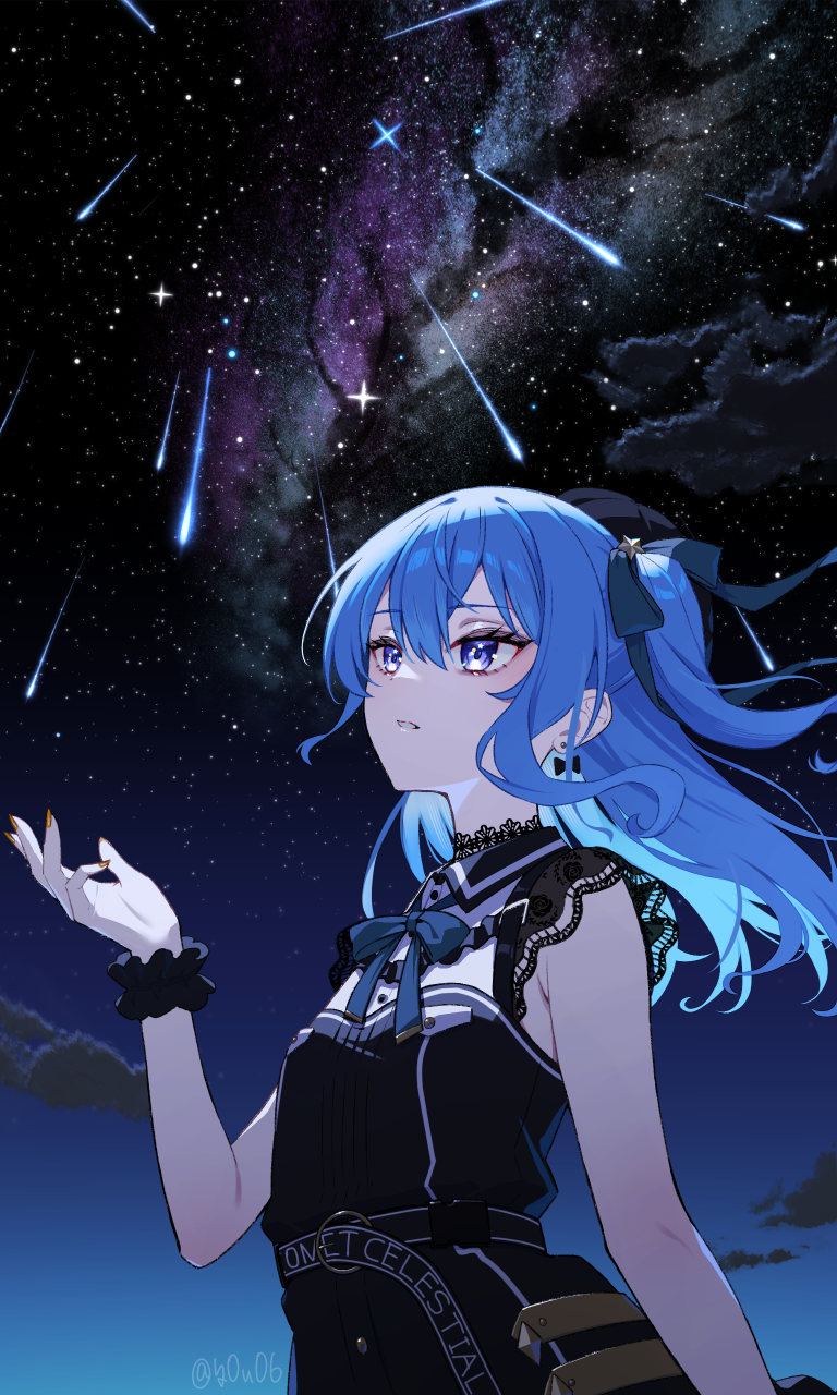 1girl asymmetrical_sidelocks beret black_choker black_dress black_hat blue_eyes blue_hair bow bow_earrings choker collared_dress colored_inner_hair double-parted_bangs dress earrings green_ribbon hair_between_eyes hair_ribbon hand_up hat highres hololive hoshimachi_suisei hoshimachi_suisei_(casual) jewelry lace lace_choker lace_sleeves long_hair looking_up multicolored_hair neck_ribbon night night_sky official_alternate_costume official_alternate_hairstyle one_side_up parted_lips quilted_headwear ribbon scrunchie shooting_star short_sleeves sidelocks sky solo star_(sky) star_(symbol) star_in_eye starry_sky symbol_in_eye upper_body virtual_youtuber wrist_scrunchie you06