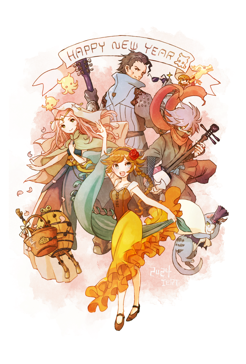 2boys 2girls :o amurokku_utsubo barrel basket black_gloves braid brown_hair cat character_request dancing dated fishnet_armwear frederica_aesfrost gloves green_eyes happy_new_year highres instrument live_a_live mask mouth_mask multiple_boys multiple_girls new_year oboro-maru_(live_a_live) octopath_traveler octopath_traveler_ii olberic_eisenberg plectrum red_scarf scarf shamisen skirt sunglasses triangle_strategy unworn_eyewear yellow_skirt