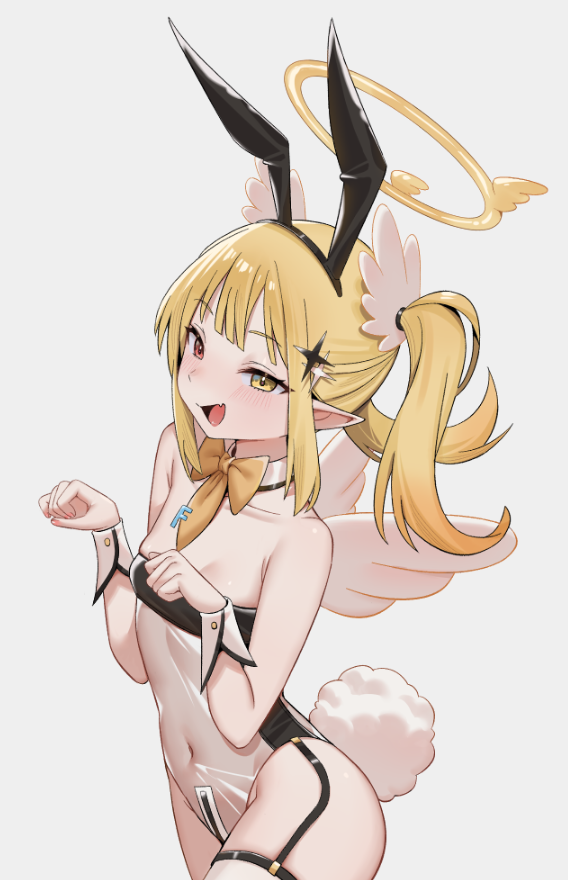 1girl animal_ears black_garter_belt black_leotard bow bowtie breasts bygin character_request collarbone copyright_request detached_collar fake_animal_ears fake_tail garter_belt halo hands_up head_wings heterochromia leotard necktie paw_pose pointy_ears rabbit_ears rabbit_tail red_eyes see-through_clothes see-through_leotard small_breasts solo tail thigh_strap white_wings winged_halo wings yellow_bow yellow_bowtie yellow_eyes yellow_halo yellow_necktie