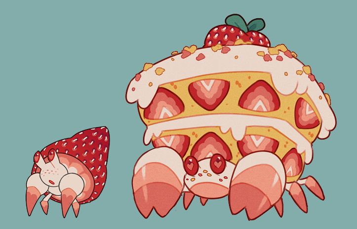 alternate_skin_color blue_background crustle dwebble food fruit gen_5_pokemon nintendo no_humans odvunir pokemon pokemon_(creature) red_eyes simple_background strawberry