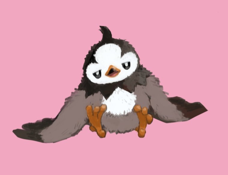 bird black_eyes commentary_request full_body gen_4_pokemon head_tilt kochi8i looking_at_viewer nintendo no_humans pokemon pokemon_(creature) pokemon_focus simple_background sitting solo starly