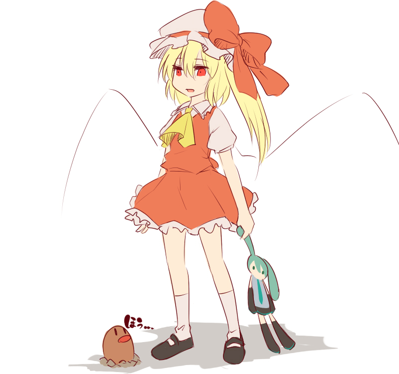 1girl aqua_eyes aqua_hair ascot blonde_hair character_doll detached_sleeves diglett female_focus flandre_scarlet gen_1_pokemon hatsune_miku mary_janes miyo_(ranthath) necktie nintendo pokemon pokemon_(creature) red_eyes shoes side_ponytail skirt touhou twintails vocaloid yamaha
